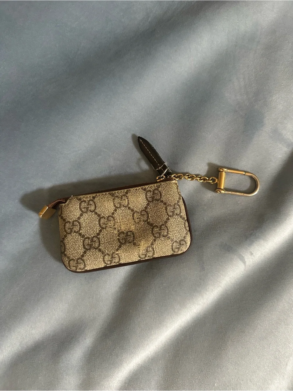 Gucci Beige/Brown GG Supreme Key Pouch with Gold Chain